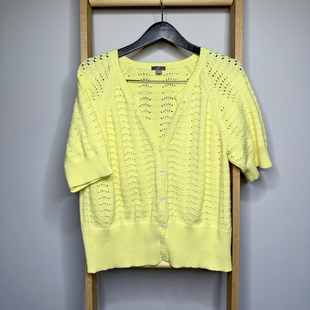 J. Jill Pale Yellow Knit Women's Button Up Short Sleeve Sweater